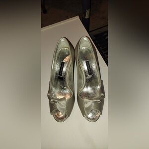 Caparros Silver Bow Peep-Toe Heels